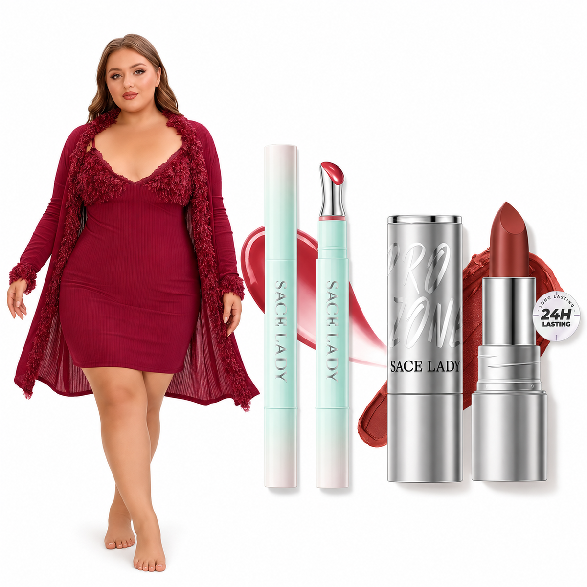 Soft Glam Bundle – Loungewear Set, Matte Lipstick & Glossy Tint