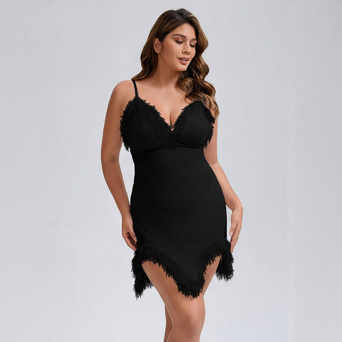 Feather Lace Trim Lingerie Slip Dress – Adjustable Spaghetti Straps, Stretch Mesh
