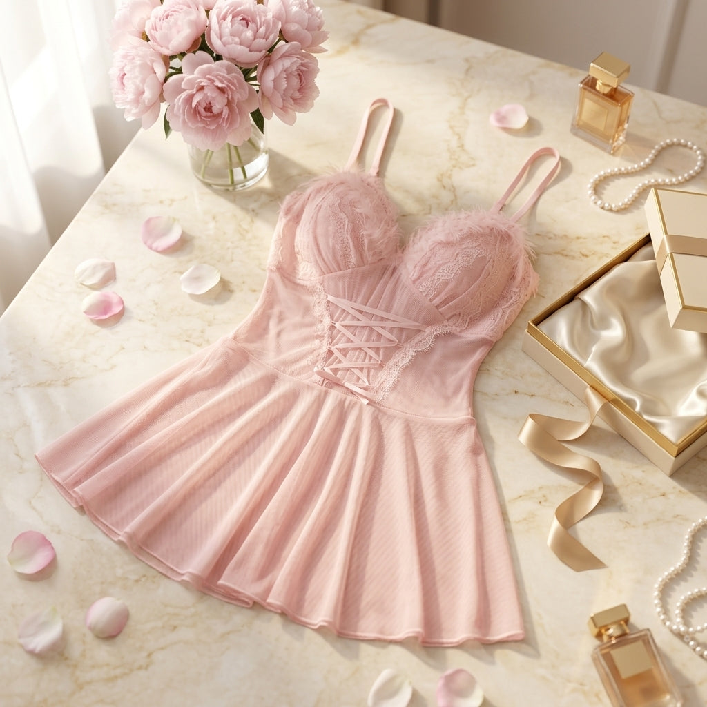 Feather Lace Corset Night Dress