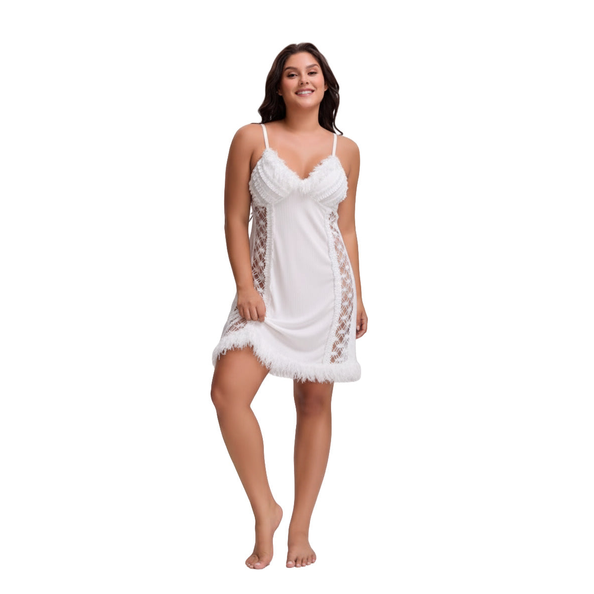 Fiora Feather Lace Night Dress – Soft Lace Mesh Slip Nightwear