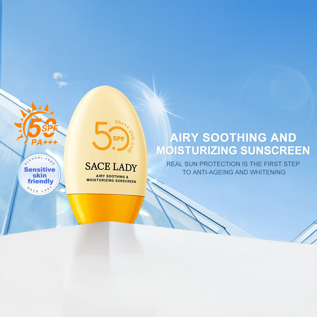 كريم واقي من الشمس SACE LADY SPF50+++، خفيف الوزن، غير لزج، يحمي من الأشعة فوق البنفسجية UVA/UVB، مرطب وملطف لجميع أنواع البشرة