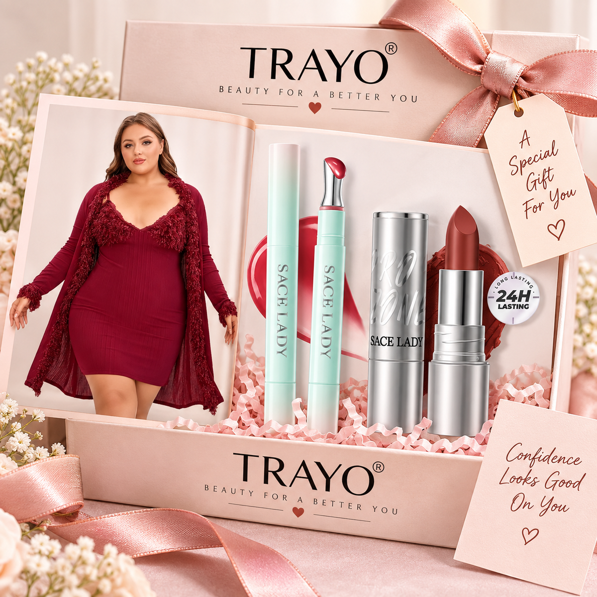 Soft Glam Bundle – Loungewear Set, Matte Lipstick & Glossy Tint