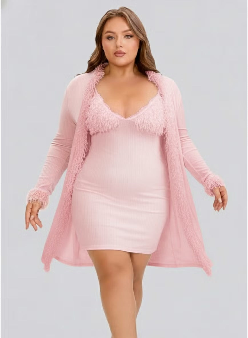 Feather Lace Trim Lingerie Loungewear Set