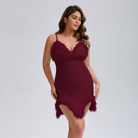 Feather Lace Trim Lingerie Slip Dress – Adjustable Spaghetti Straps, Stretch Mesh