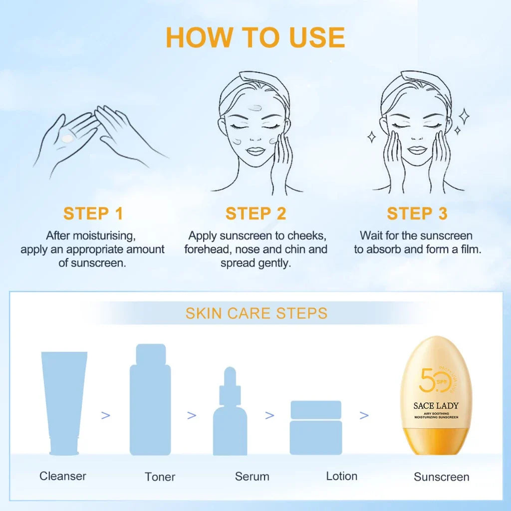 كريم واقي من الشمس SACE LADY SPF50+++، خفيف الوزن، غير لزج، يحمي من الأشعة فوق البنفسجية UVA/UVB، مرطب وملطف لجميع أنواع البشرة